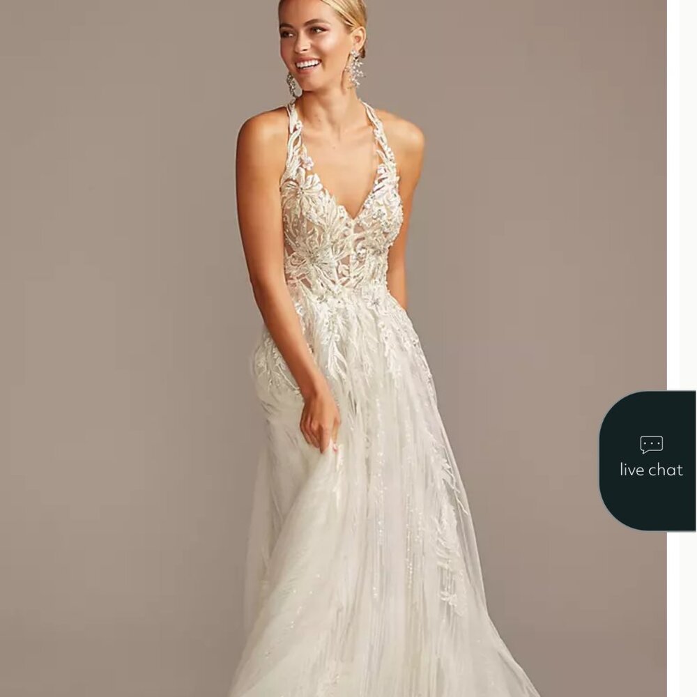 Galina Signature  Floral Applique Open Back Halter Wedding Dress STYLE # SWG841